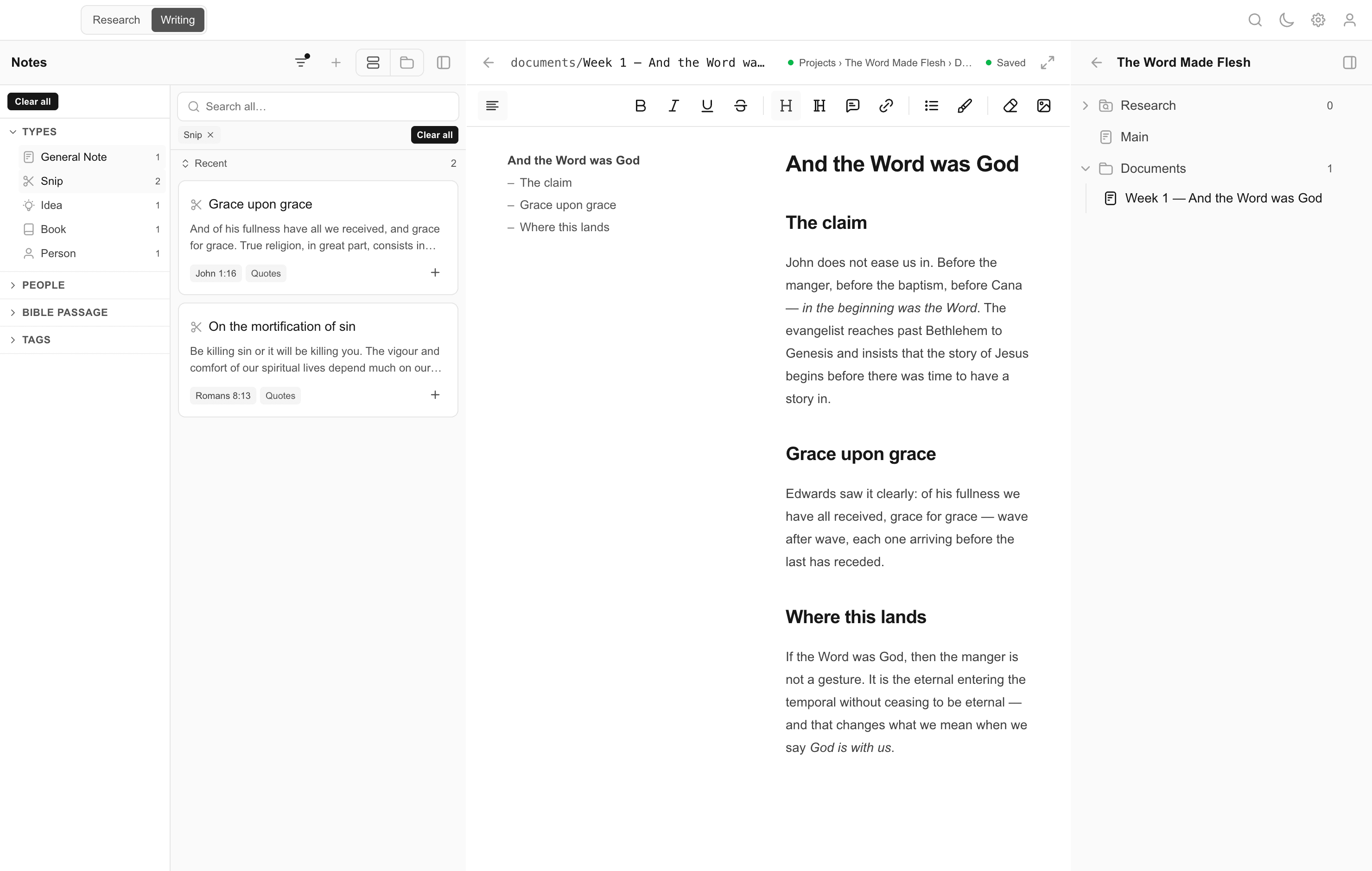 Faceted filter panel narrowing research notes by person, Scripture passage, and tags