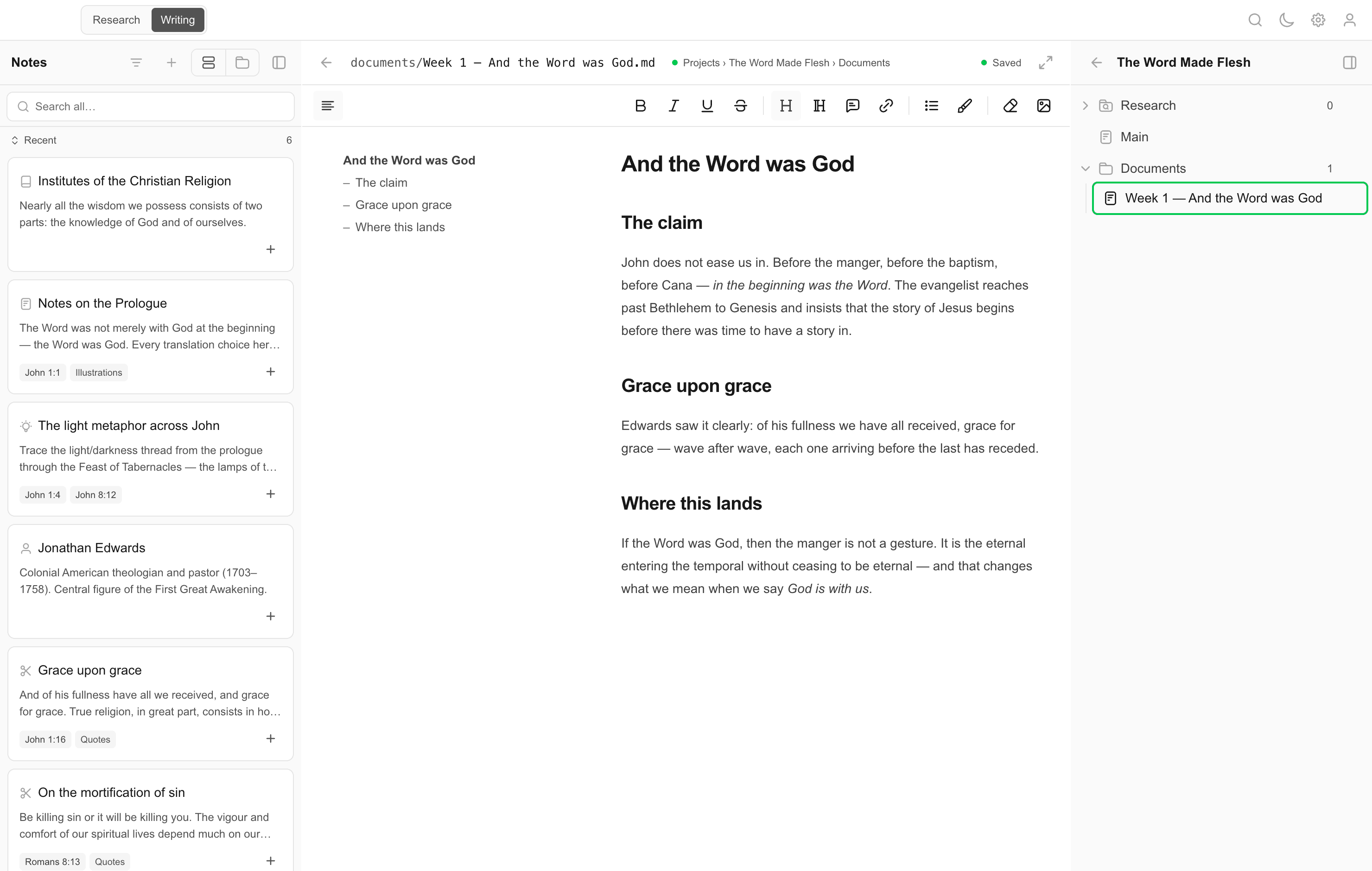 The Writing Station app with research notes in a sidebar beside an open writing document