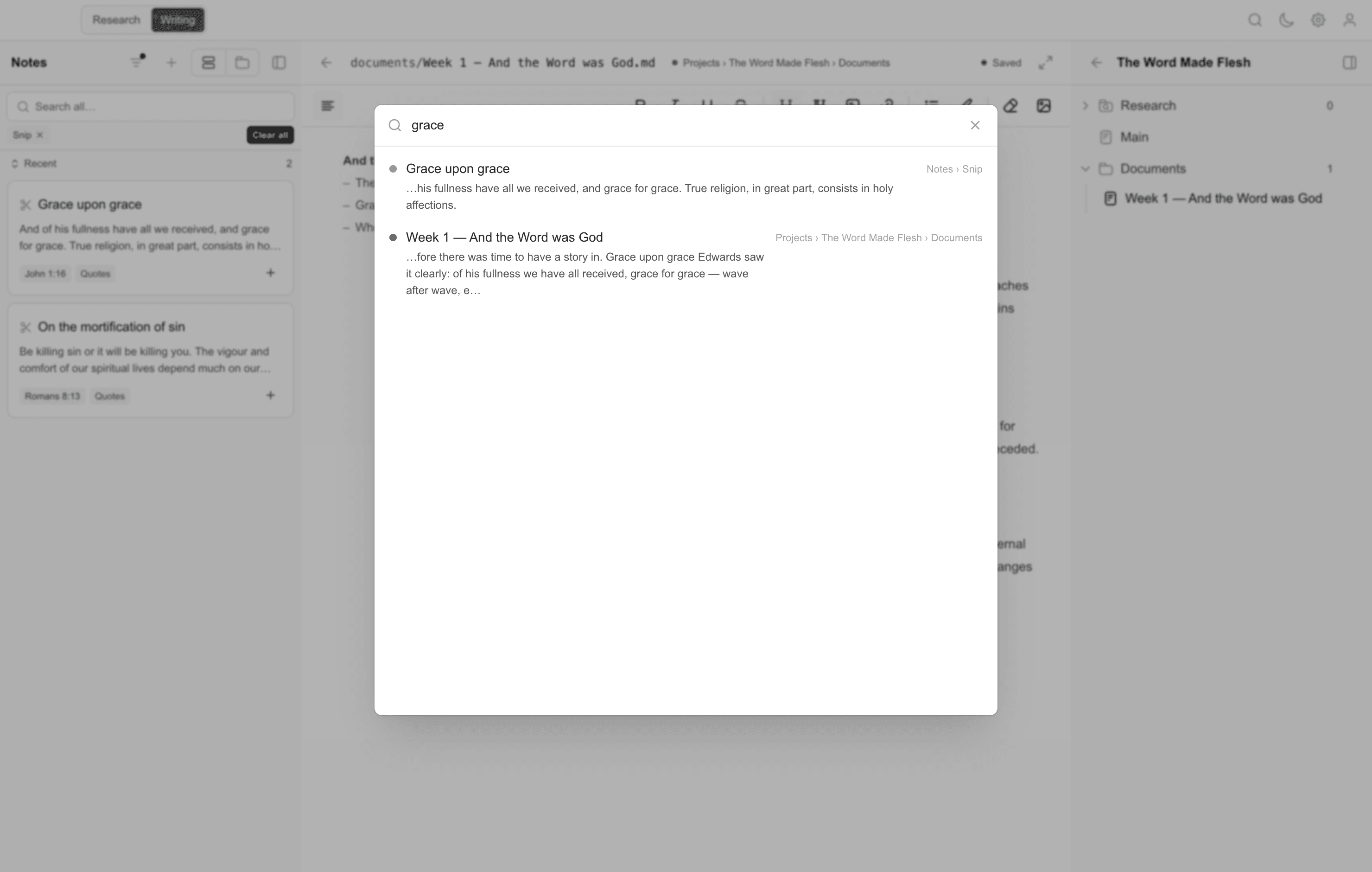 Global search overlay finding notes, quotes, and documents across the whole vault